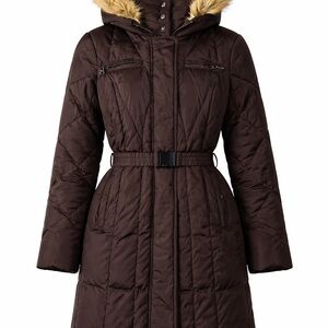 Marc New York Women's Dark Brown Long down Puffer Coat w/ Faux Fur Hood